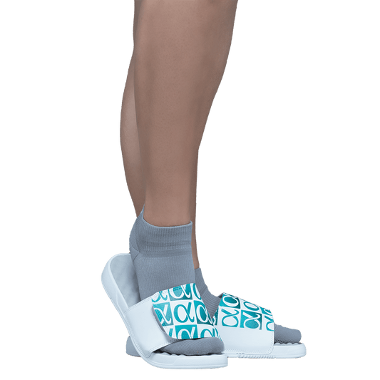 Apolla Slides in white with gray no show AMP socks worn inside